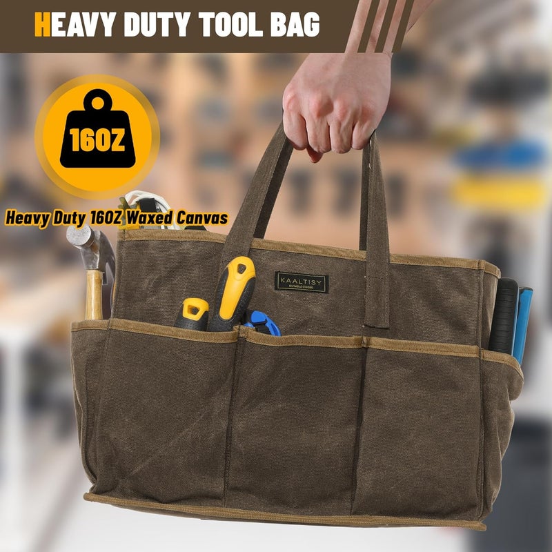 Kaaltisy 16OZ Waxed Canvas Tool Tote Bag for Garden Tools Wrench Set & Screwdrivers | 11-Pocket Garden Tool Bag with Portable Handles, Multi-Purpose Tool Storage Organizer (14"L x 5.5"W x 10.5"H) – Grey - Image 4